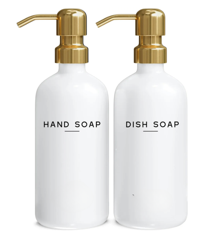 Luxury White Glass Hand & Dish Soap Dispenser Set — Gold-Finish Stainless Steel Pump, Refillable Kitchen Soap Bottles for Modern Home & Bathroom Decor