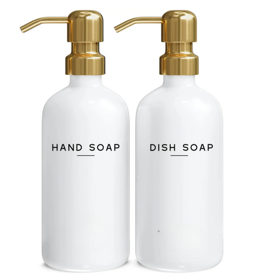 Luxury White Glass Hand & Dish Soap Dispenser Set — Gold-Finish Stainless Steel Pump, Refillable Kitchen Soap Bottles for Modern Home & Bathroom Decor