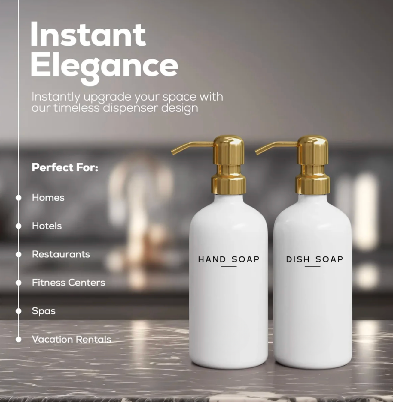 Luxury White Glass Hand & Dish Soap Dispenser Set — Gold-Finish Stainless Steel Pump, Refillable Kitchen Soap Bottles for Modern Home & Bathroom Decor