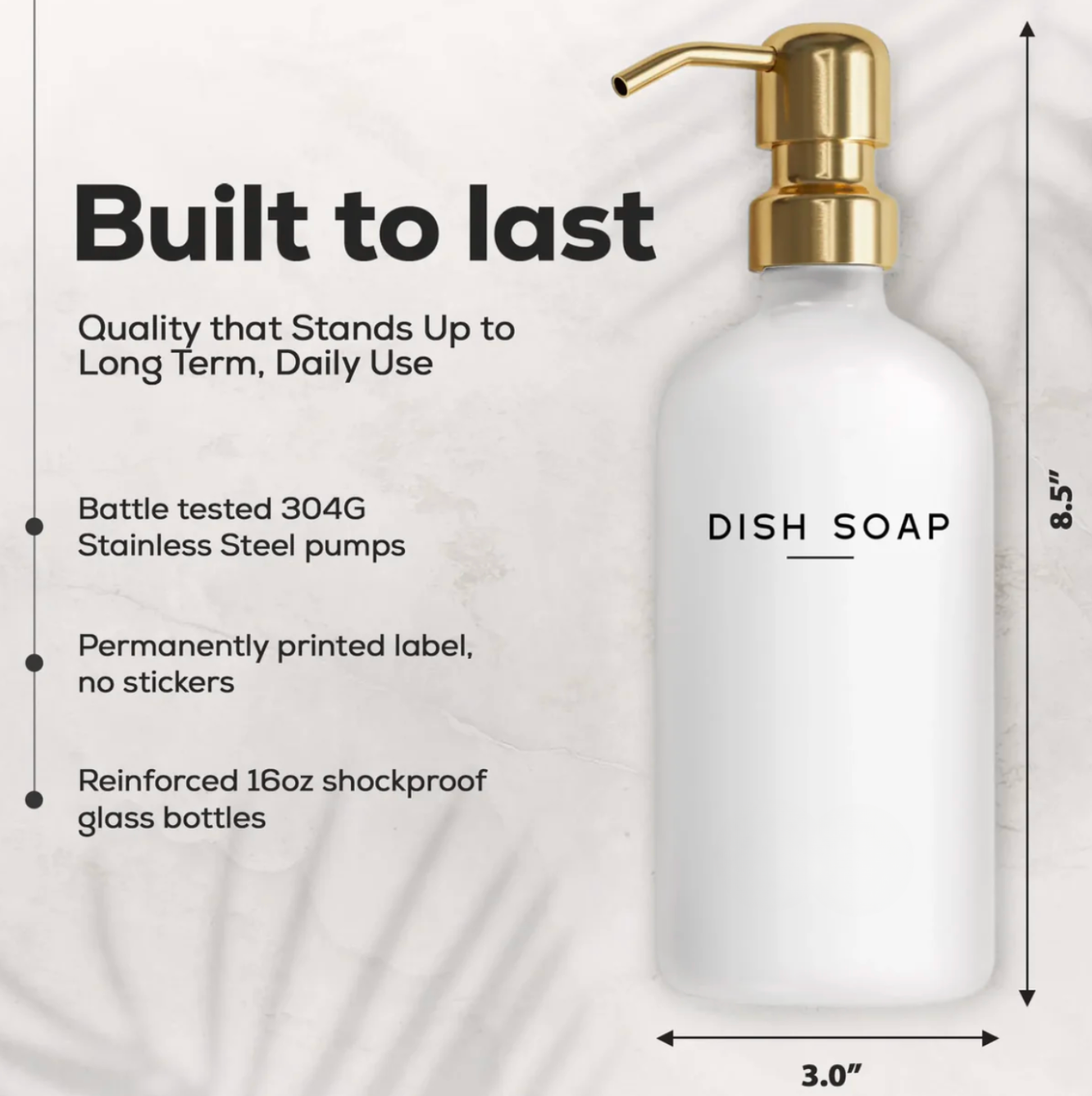 Luxury White Glass Hand & Dish Soap Dispenser Set — Gold-Finish Stainless Steel Pump, Refillable Kitchen Soap Bottles for Modern Home & Bathroom Decor