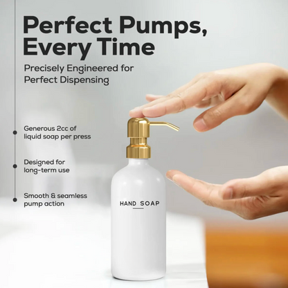 Luxury White Glass Hand & Dish Soap Dispenser Set — Gold-Finish Stainless Steel Pump, Refillable Kitchen Soap Bottles for Modern Home & Bathroom Decor